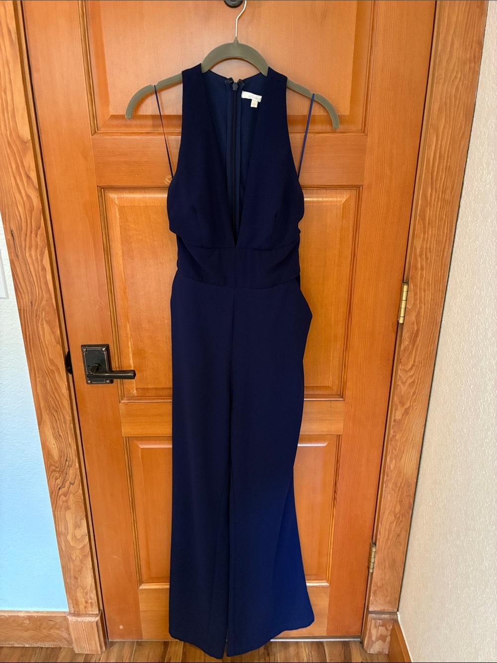 Herlyn Racerback, plunging neck line, Navy Wide-Leg Jumpsuit with pockets